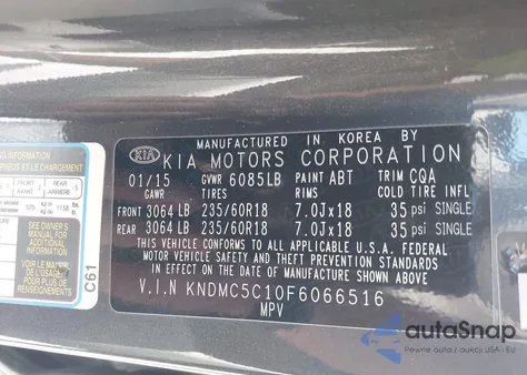 2015 Kia Sedona Sx z USA, uszkodzony, nr VIN KNDMC5C10F6066516